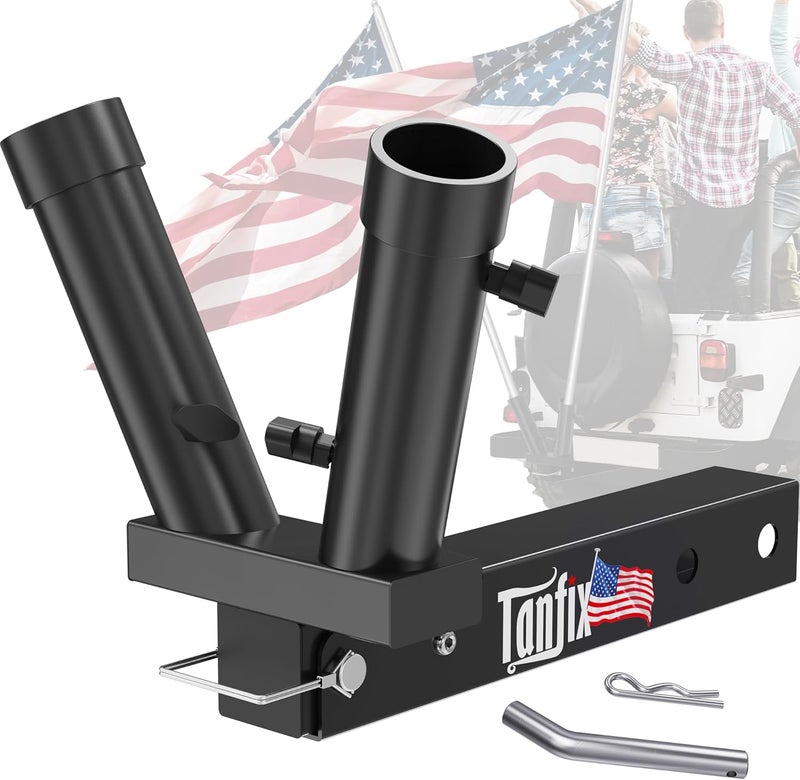 Tanfix Foldable Double Hitch Mount Flagpole Holder | All Metal Heavy- Duty, Fits Standard 2" Trailer Hitch, Compatible with Jeep, Truck, SUV, RV, Pickup, Camper Trailer (Double Flagpoles) - Image 1